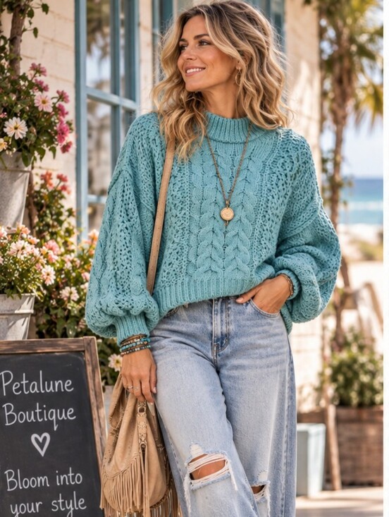 Sweaters - 038 The Asterline 3 Cozy Cable Knit Sweater - Aqua Teal